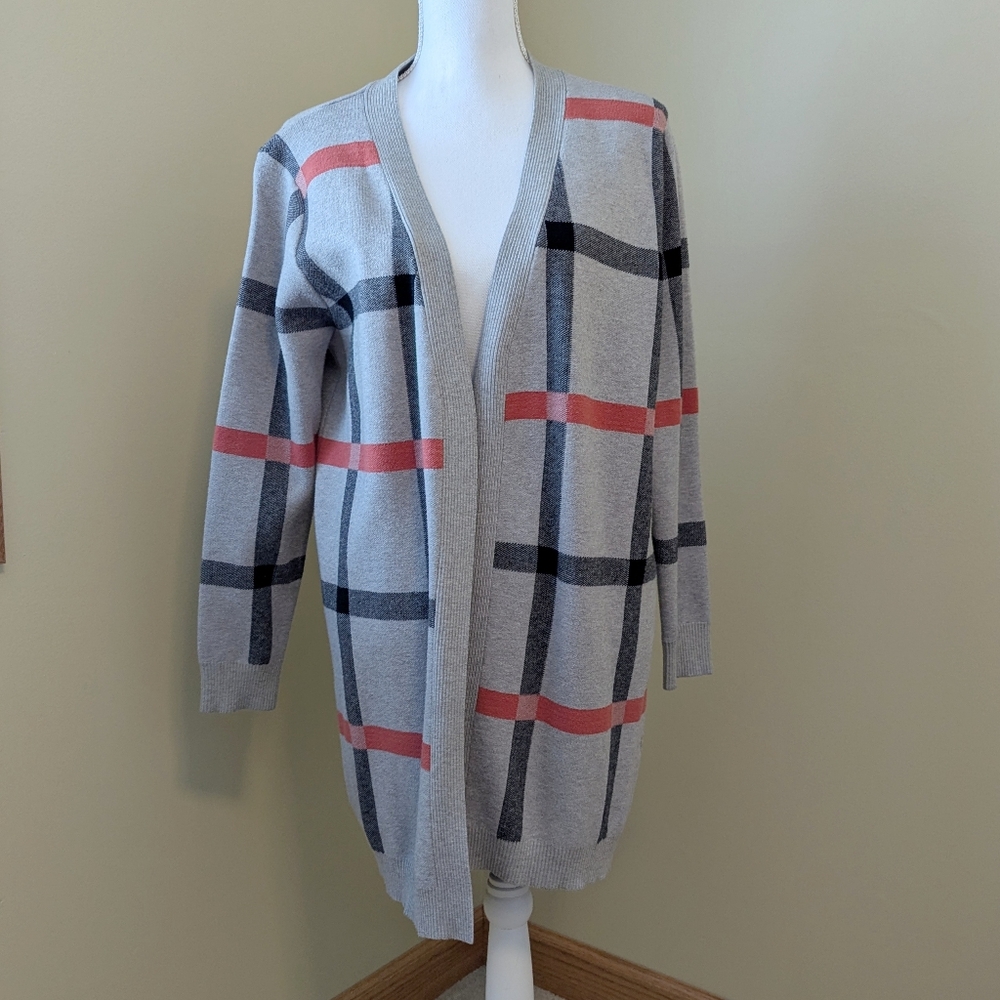 Sioni Plaid Open-Front Gray Striped Cardigan Sweater - Size Large